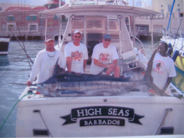 Blue Marlin on board High Seas in Bridgetown Barbados. This is charter fishing in Barbados.